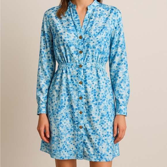 Dresses & Skirts - ZARA Blue Watercolor Dress – Size‎ XL midi gold buttons button up design